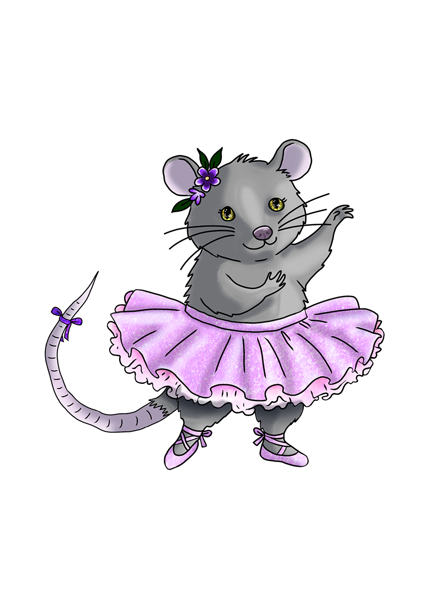 Belladonna the possum draped dramatically over a coat rack, tail curled
